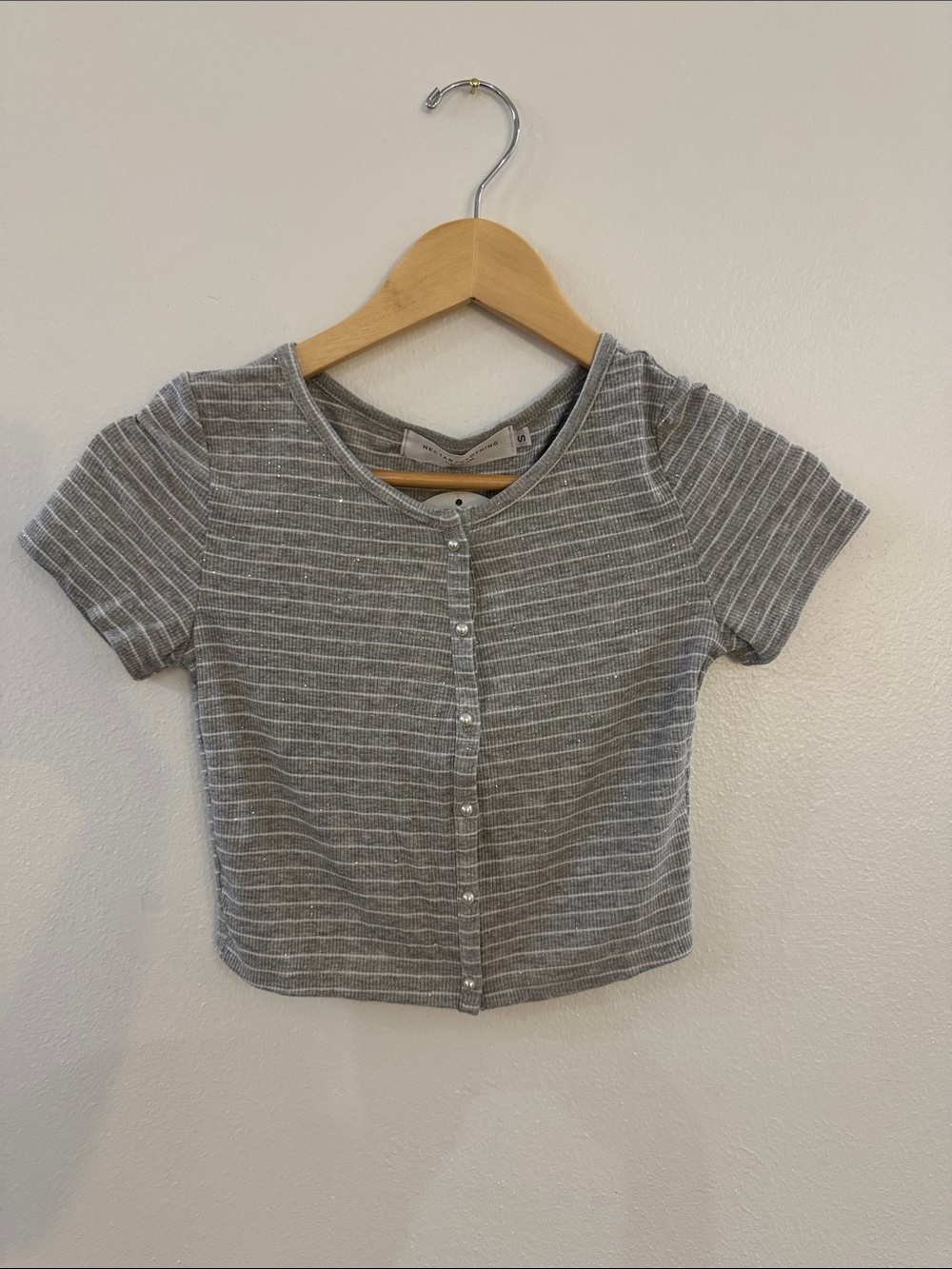 Women's Gray Striped Button-Front Crop Top